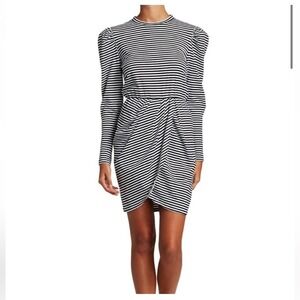 Derek Lam 10 Crosby Stripe Puff Shoulder Draped Mini Dress Black White Small